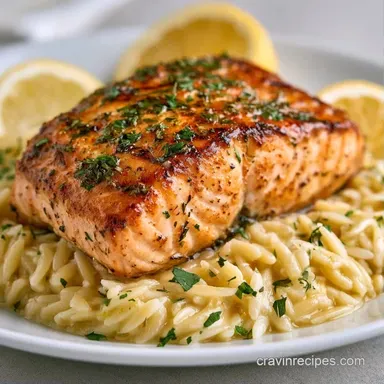 One Pan Lemon Garlic Salmon Orzo Recipe Card