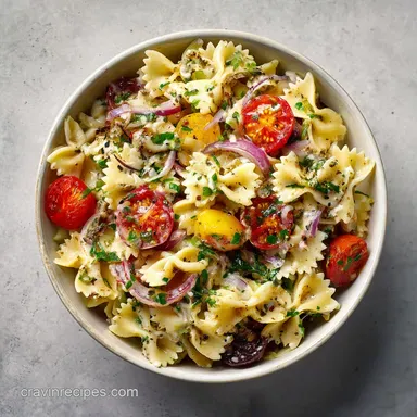 Bow Tie Pasta Salad with Italian Dressing in 30 Minutes Recipe Card