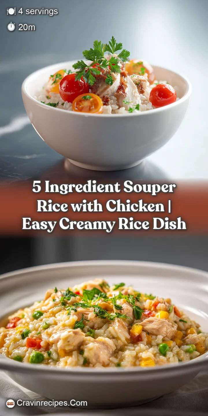 Close-up of Souper Rice. Creamy texture with visible grains and pieces of chicken. Herbs add a pop of green to the comfort...