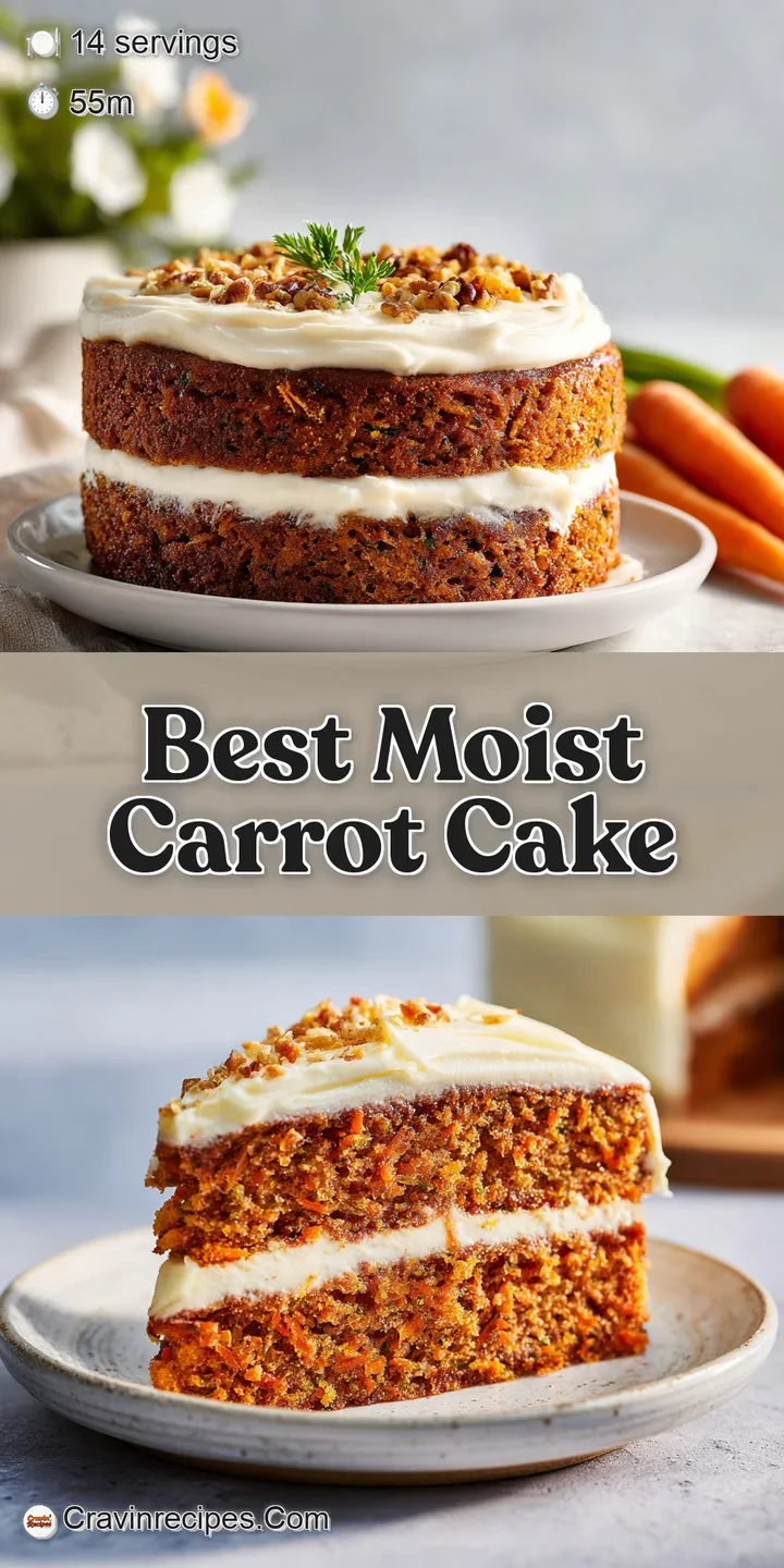 Close-up of a carrot cake slice, showcasing moist crumb texture and tangy cream cheese frosting. Visible chunks of juicy p...