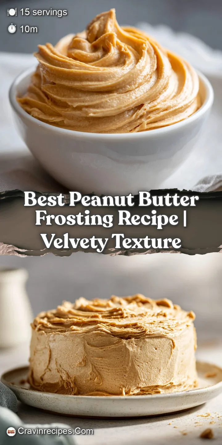 Close-up of creamy, light brown peanut butter frosting, soft and textured, with visible peanut flecks, promising a rich, n...