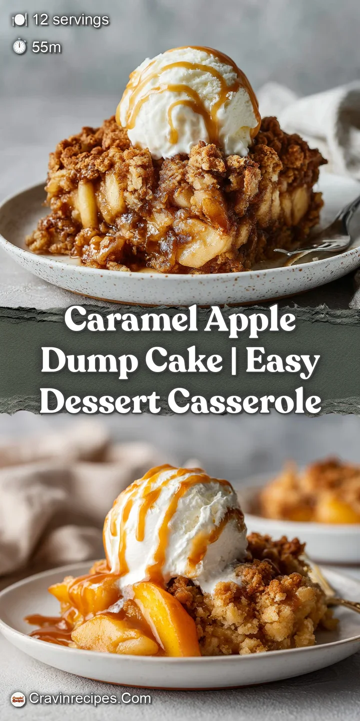 Close-up of a warm, gooey caramel apple dump cake, showing moist cake and sweet, tender apple pieces.