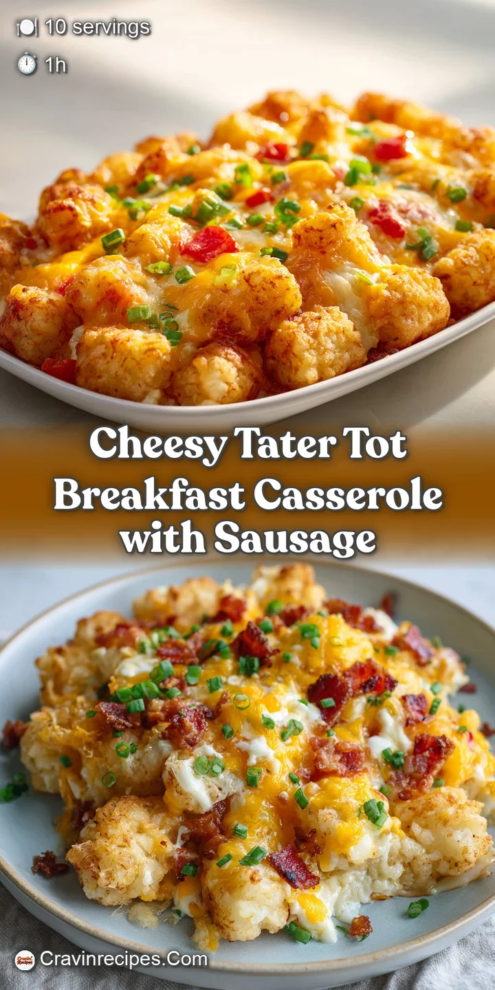 Mouthwatering close-up of a cheesy tater tot casserole showing melted cheese, crispy tots, and savory bacon. A delicious s...