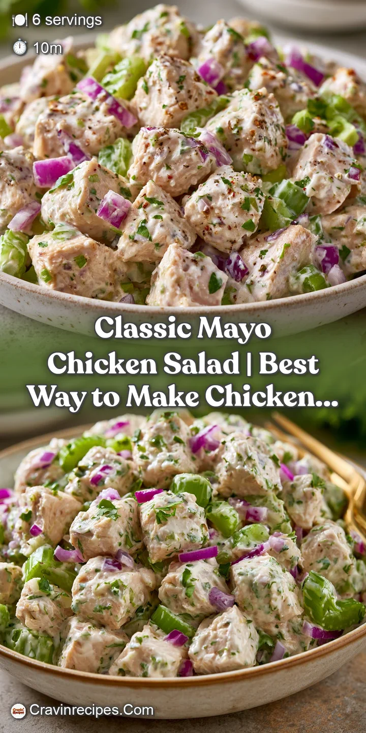 Extreme close-up of creamy white chicken salad with visible bits of crisp celery and flecks of black pepper.