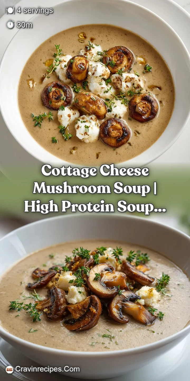 Close-up of thick, creamy soup showing earthy brown mushroom slices and droplets of olive oil reflecting the light.