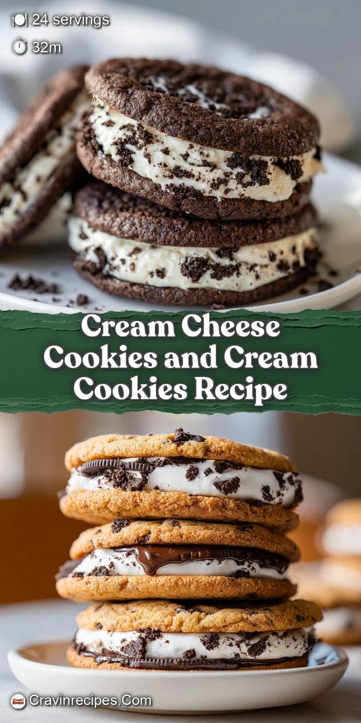 Close-up of a cookies and cream cookie, broken open to reveal soft, almost melted creamy center with dark cookie pieces.