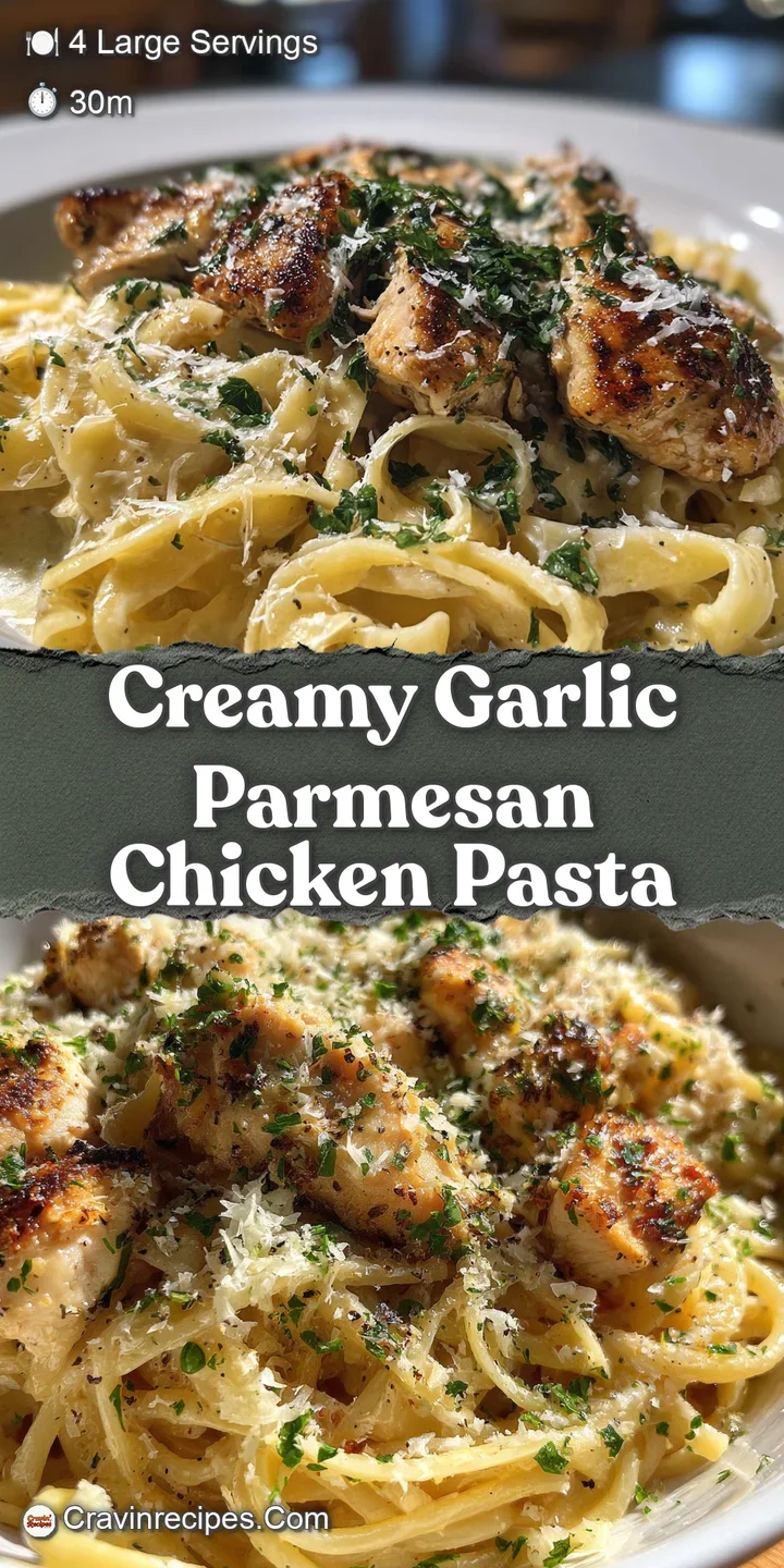 Close-up of glistening pasta coated in creamy garlic sauce with bits of browned chicken and fresh herbs.