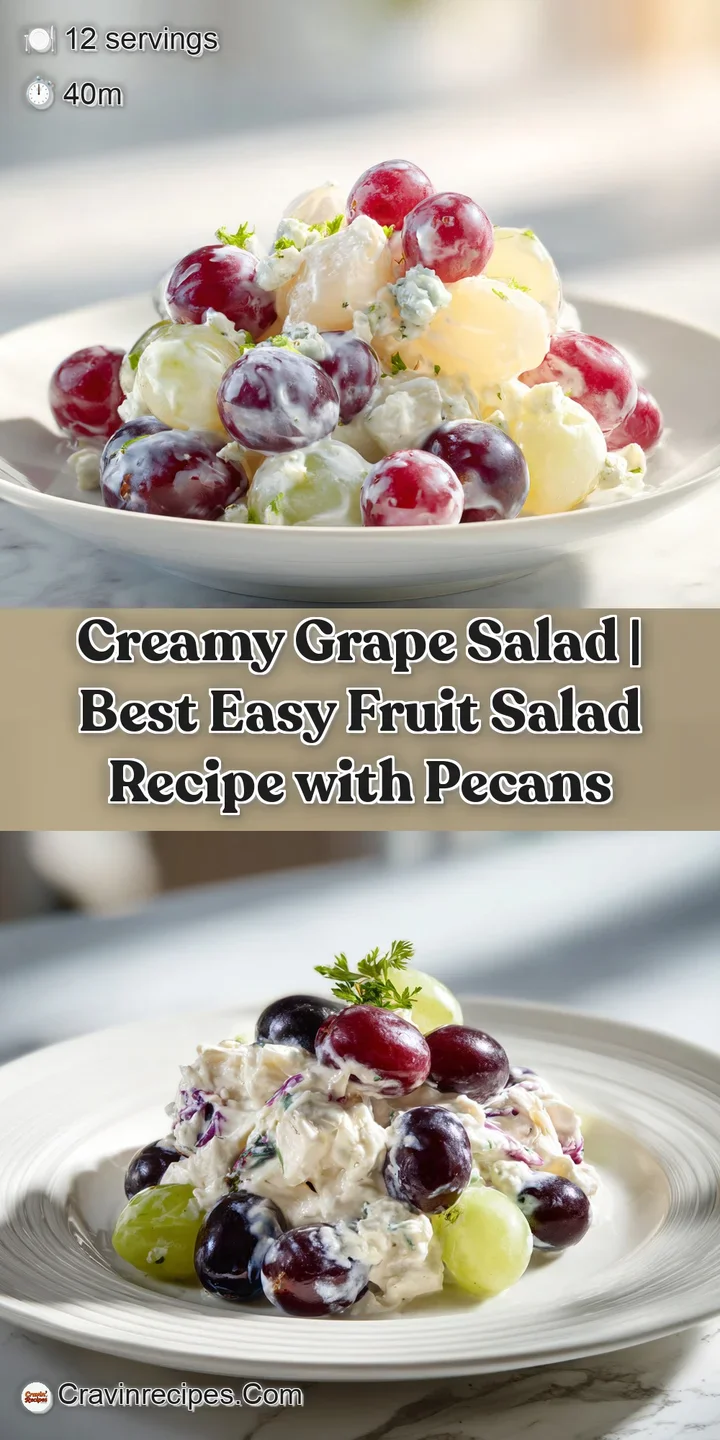 Juicy, plump green grapes glistening with a rich, creamy dressing, studded with golden-brown pecans.