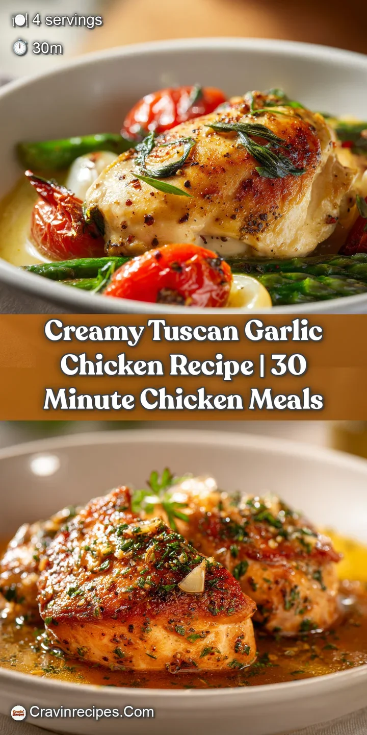 Close-up: Tender chicken glistening with creamy Tuscan sauce, flecked with garlic and herbs, promises a flavorful bite.