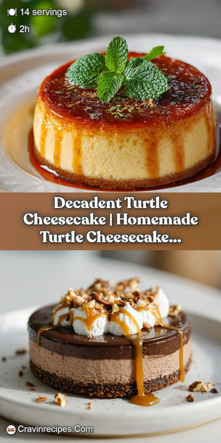 Close-up captures the creamy texture of turtle cheesecake, highlighting caramel drizzle and pecan pieces against a smooth,...