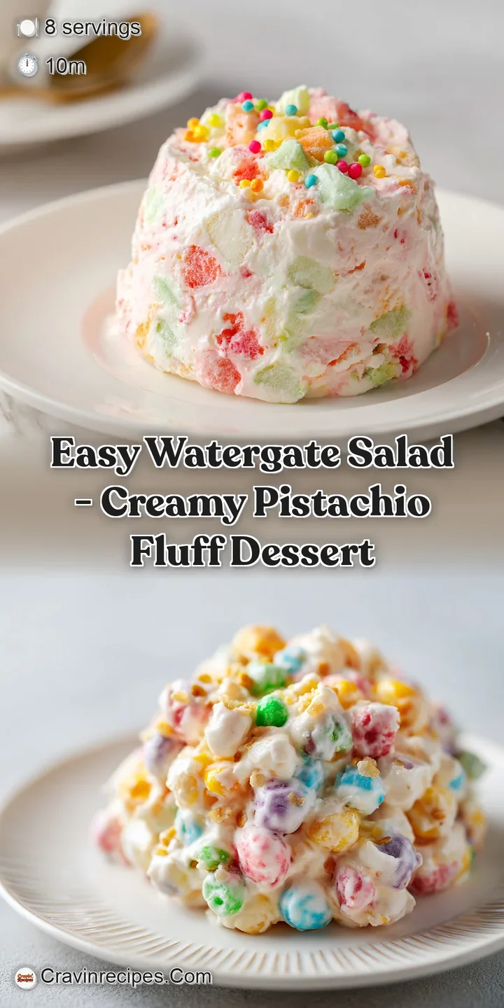 Close-up of a creamy, pale green salad with plump marshmallows and a vibrant red cherry.