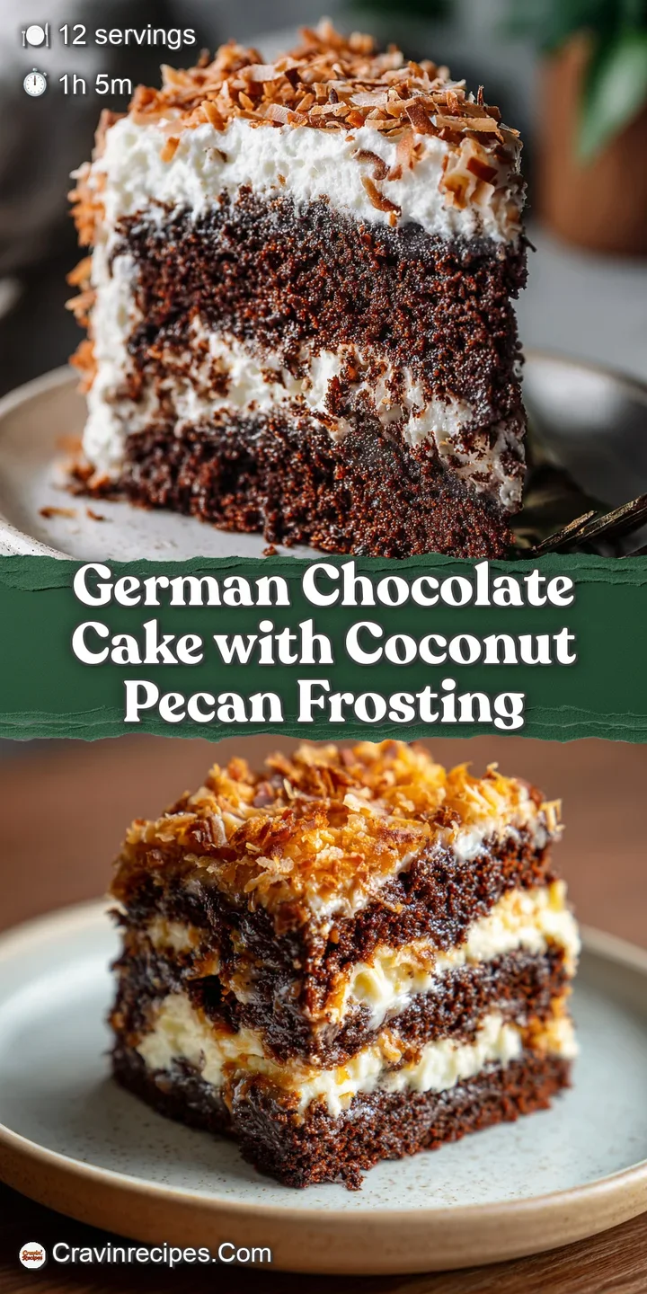 Close-up of German chocolate cake with gooey frosting; pecans & coconut texture are prominent. Moist chocolate cake.