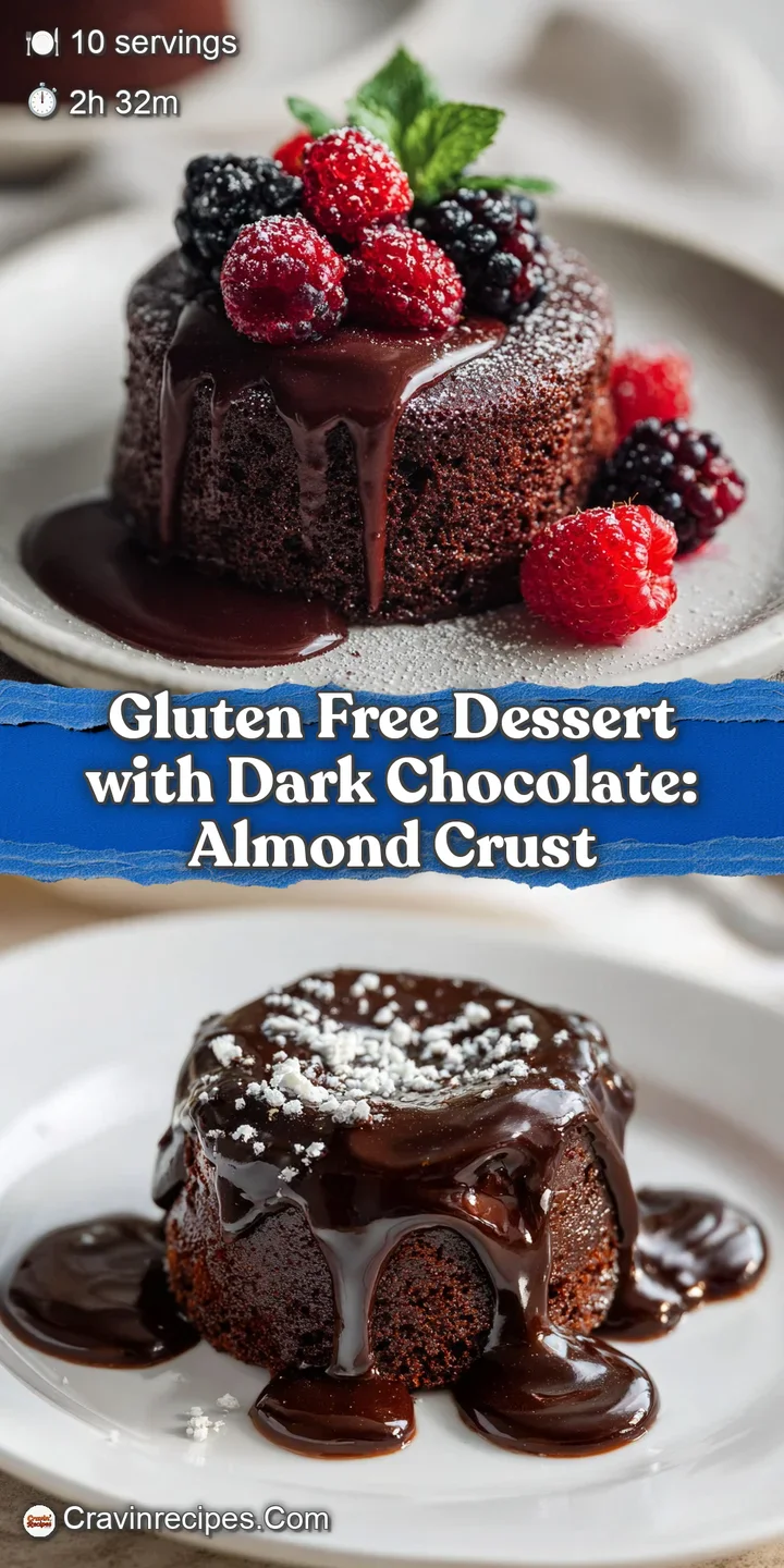 Close-up of a decadent, dark chocolate dessert bar revealing the slightly coarse almond crust and a dusting of confectione...