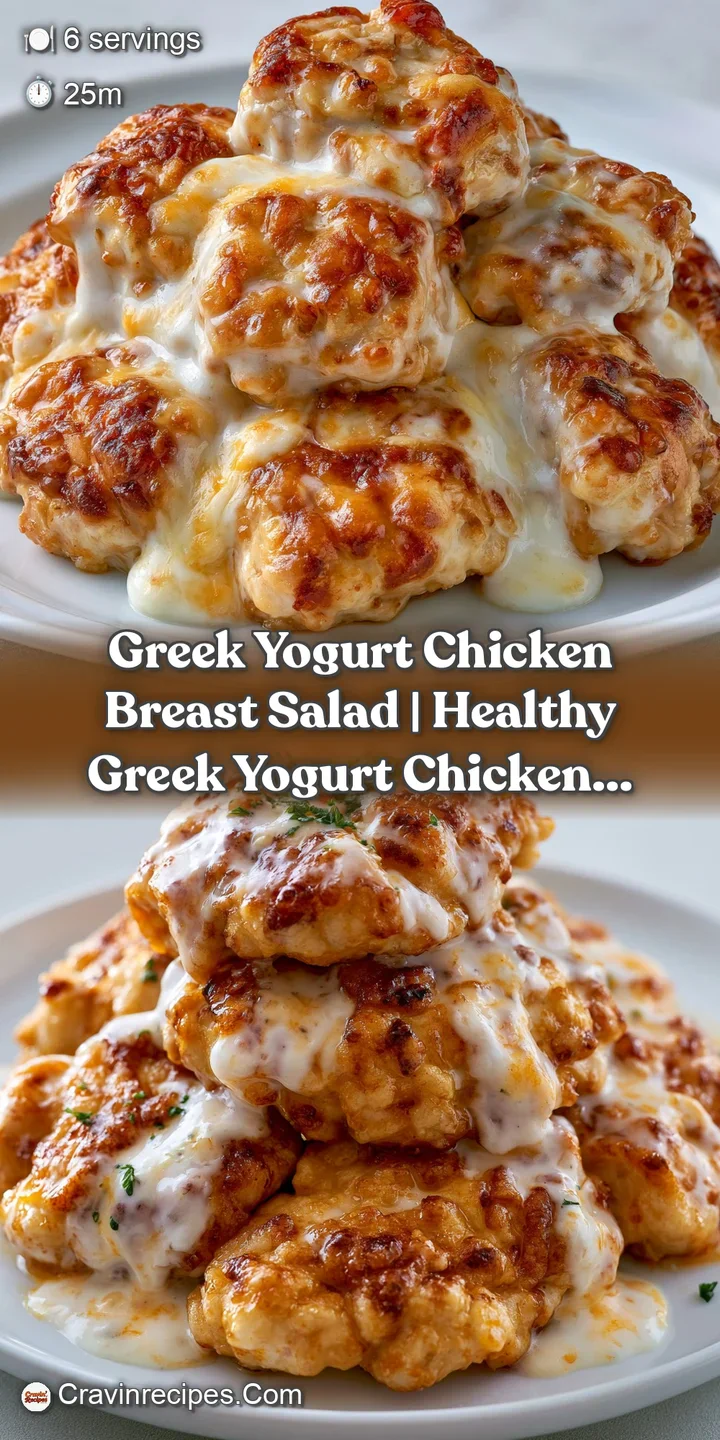 Close-up of juicy chicken chunks coated in a rich, creamy white yogurt dressing with flecks of fresh green herbs.