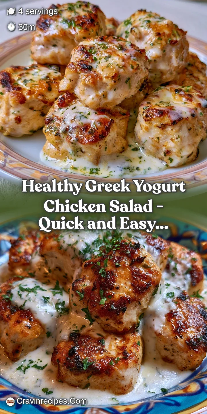 A close-up of tender chicken chunks coated in thick creamy yogurt sauce with flecks of black pepper and fresh herbs.