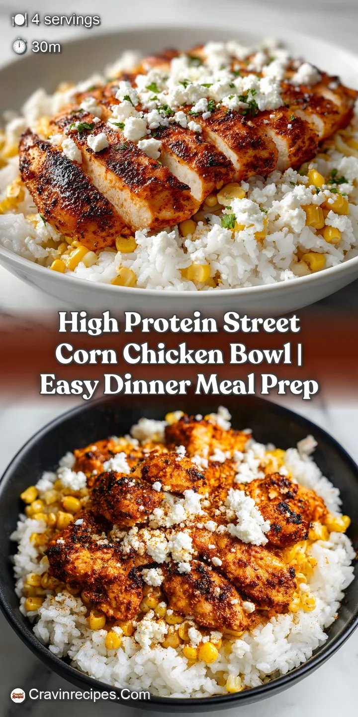 Close-up of juicy grilled chicken and toasted corn with a creamy white sauce drizzle and a sprinkle of cotija cheese.