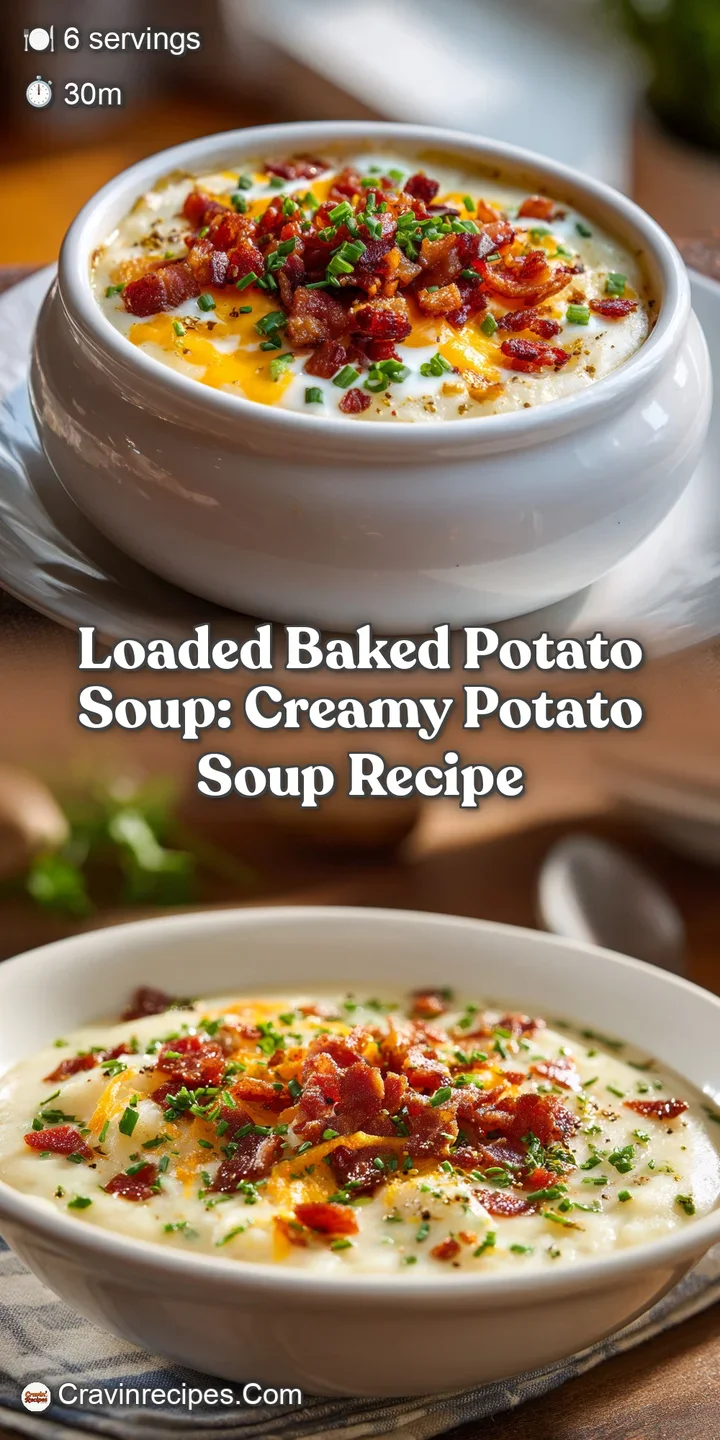 Close-up of thick, steaming potato soup, highlighting melted cheese strands and crispy bacon against the creamy broth. Inv...