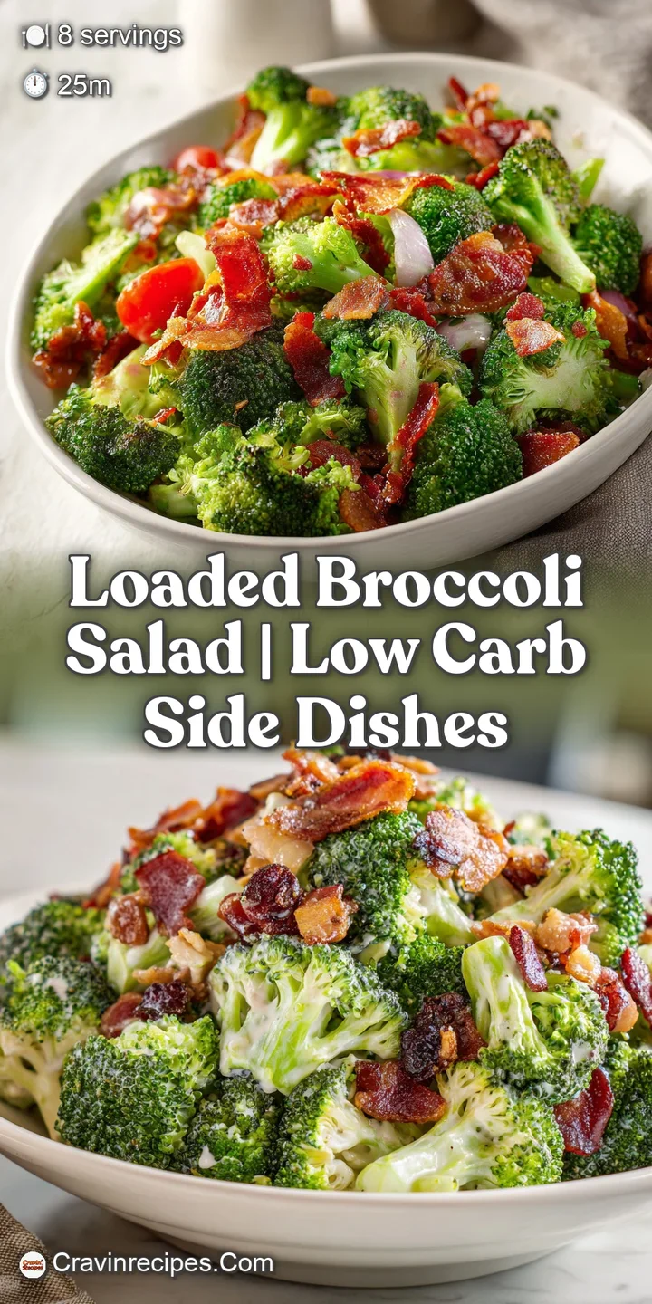 Appetizing macro shot of broccoli salad; crunchy broccoli, savory bacon, and creamy dressing create a burst of color and t...