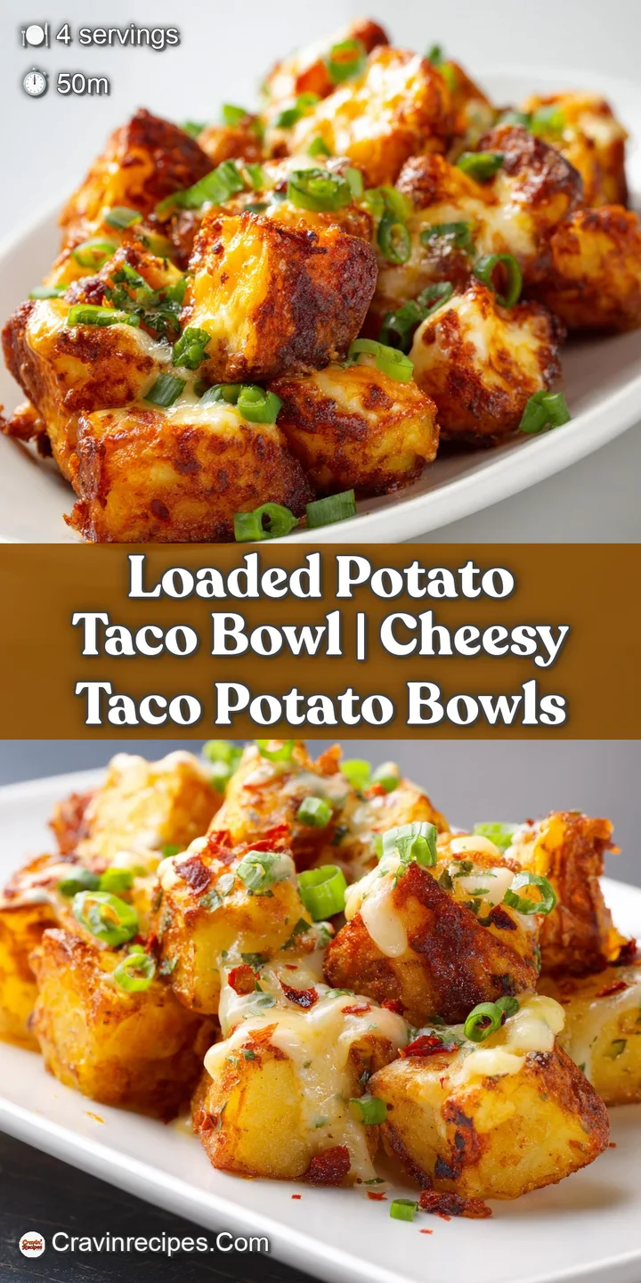 Close-up of melted orange cheese stretching over seasoned potato cubes and creamy guacamole in a ceramic bowl.