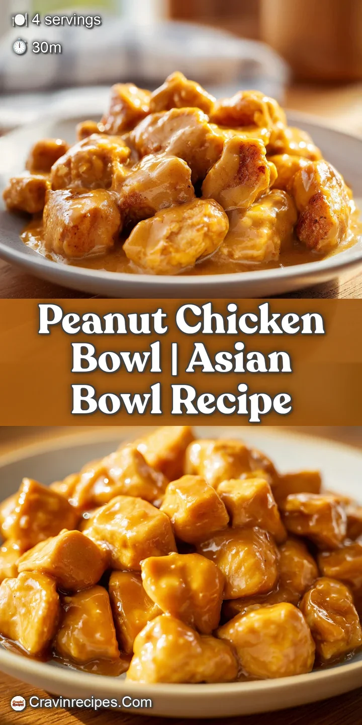 Close-up of succulent chicken chunks coated in a rich, glossy peanut sauce with crushed nuts and fresh cilantro.