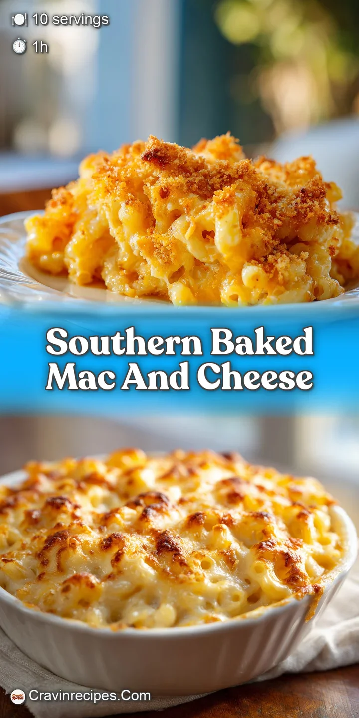 Close-up of Southern baked mac and cheese, the golden-brown crust hints at layers of tender pasta and a gooey, cheesy center.