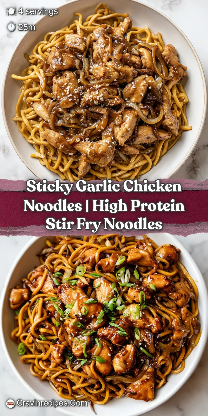 Close-up of shimmering, sauce-coated noodles and tender golden chicken pieces with a sprinkle of green herbs.