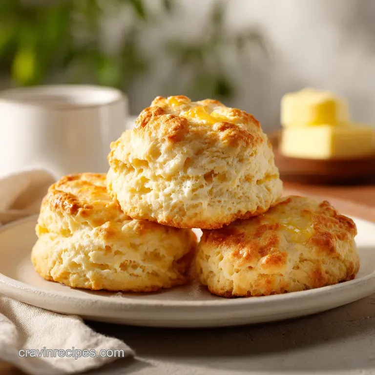 Stack of three buttermilk biscuits, showcasing their flaky layers, dusted with flour, resting on a blue-patterned plate.