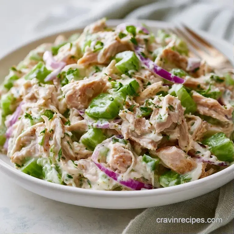 A chilled scoop of creamy chicken salad nested in a crisp butter lettuce leaf on a white ceramic plate.