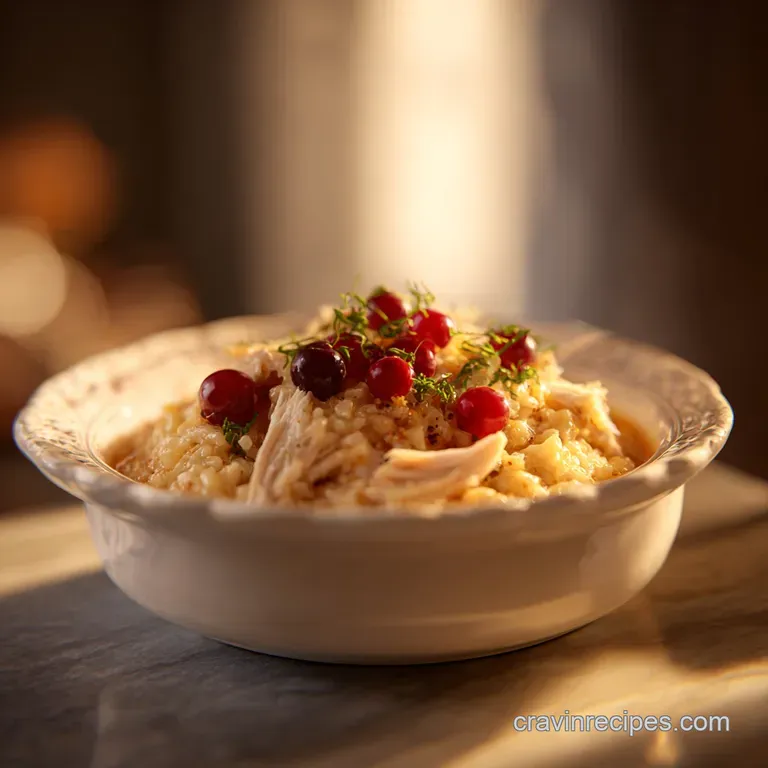 A serving of chicken and rice presented in a white bowl, steam rising, garnished with fresh herbs. Chicken looks juicy and...