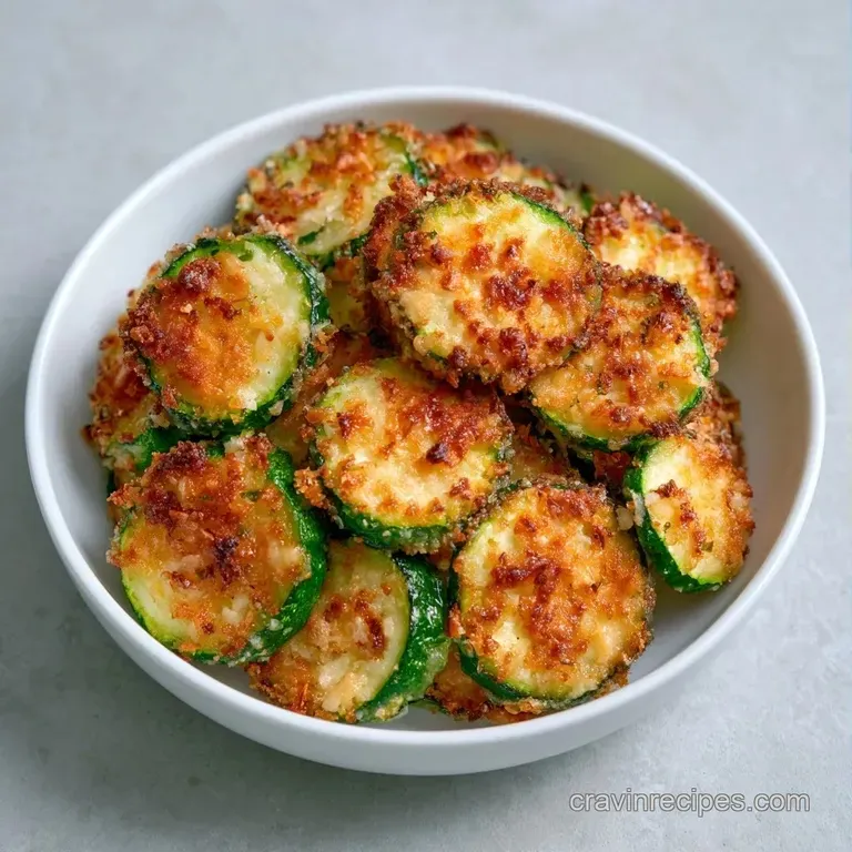 Thin, toasted green vegetable rounds with golden cheese crusts stacked neatly on a modern white ceramic platter.