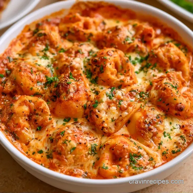 A shallow white bowl filled with pasta in marbled red and white sauce, garnished with a sprig of fresh green basil.