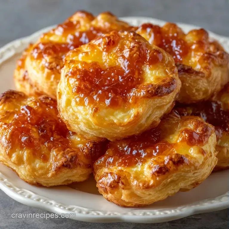 Golden-brown savory bites with melted bubbly cheese and apricot preserves arranged on a white marble platter.