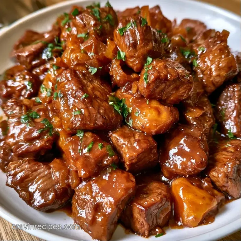 Slices of glazed beef artfully arranged over fluffy white rice and topped with vibrant green sliced scallions.