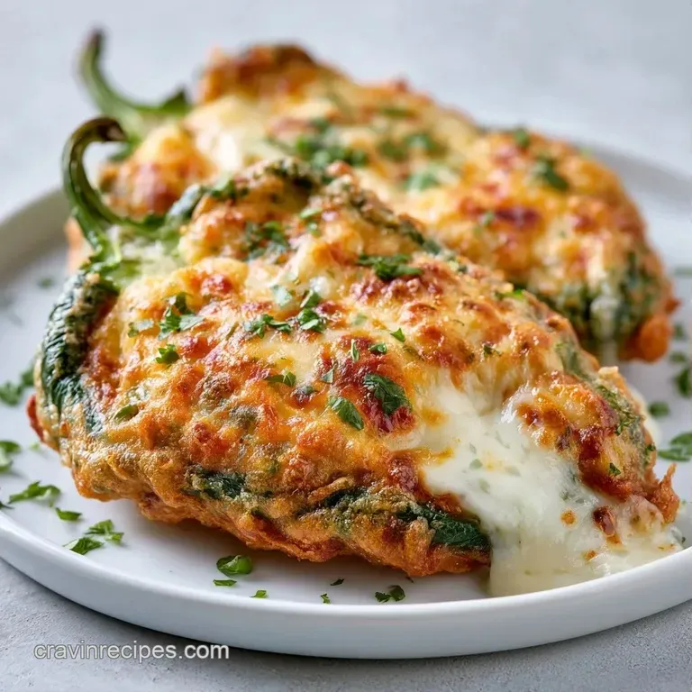 Two golden-fried peppers plated elegantly with a swirl of creamy sauce and bright red salsa on a white platter.