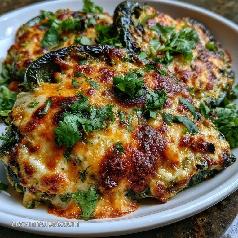 Two roasted green peppers stuffed with creamy white cheese on a white plate, garnished with bright green cilantro.