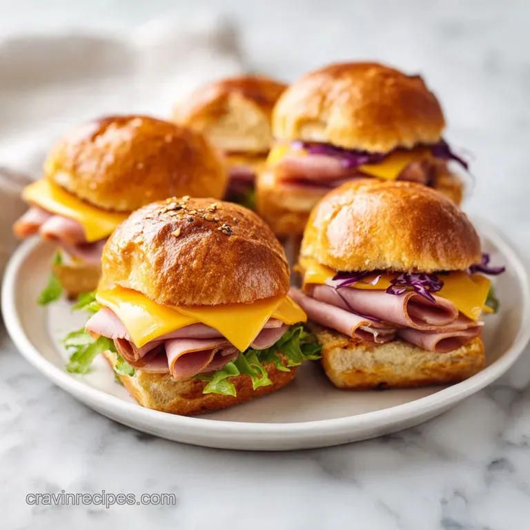 Stacked ham and cheese sliders, glistening with melted butter, sprinkled with herbs, and served on a patterned plate.