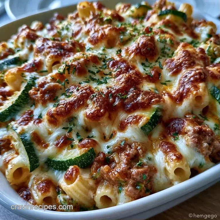 A hearty slice of cheesy pasta bake on a white ceramic plate, garnished with fresh parsley and melted cheese.