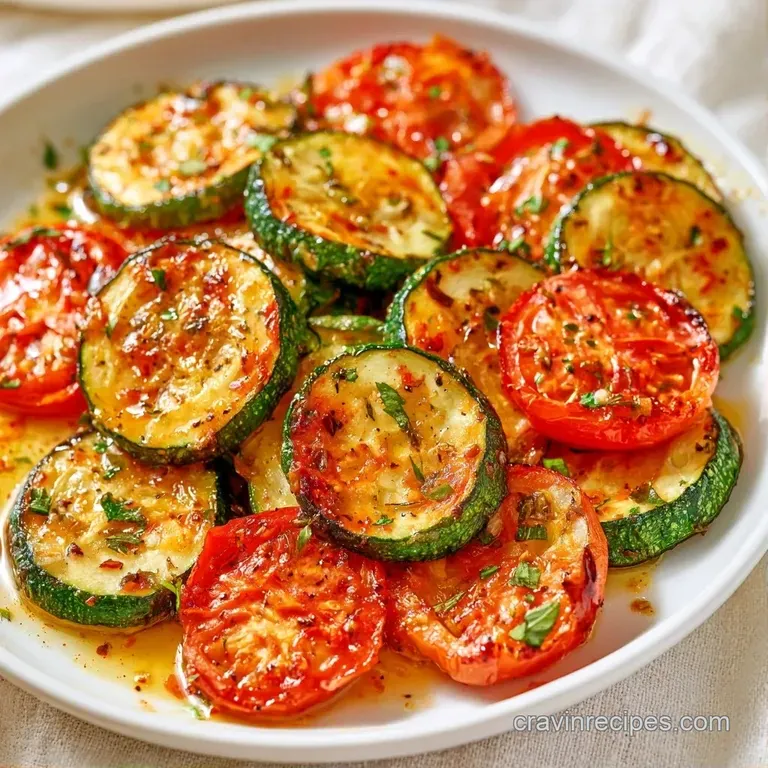 Colorful roasted vegetable slices arranged in a tight circle on a white platter, glistening with olive oil.