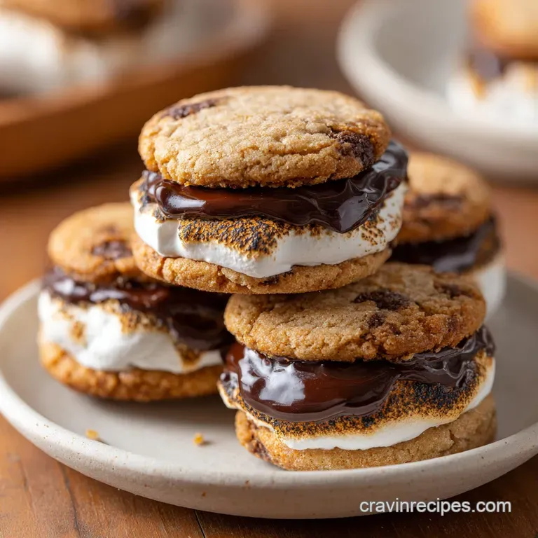 A stack of warm smores cookies, revealing gooey marshmallow pulls, displayed on a rustic wooden board, inviting and freshl...