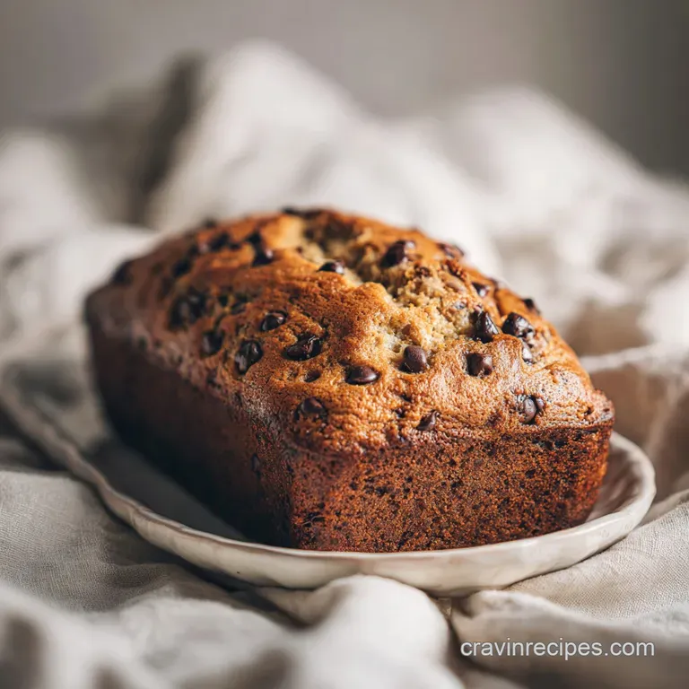 Slice of banana chocolate chip bread with visible chocolate chunks, glistening with moisture and served on a white plate.