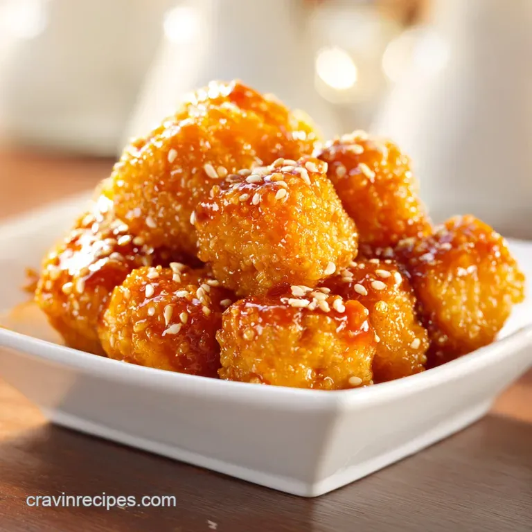 A modern white bowl filled with glazed chicken, sliced cucumbers, and shredded carrots topped with toasted sesame seeds.