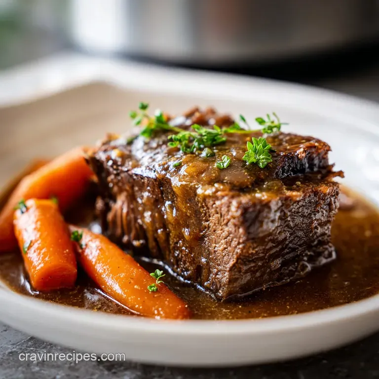 A slice of juicy pot roast is served over creamy mashed potatoes, accented with vibrant green parsley and a drizzle of gravy.