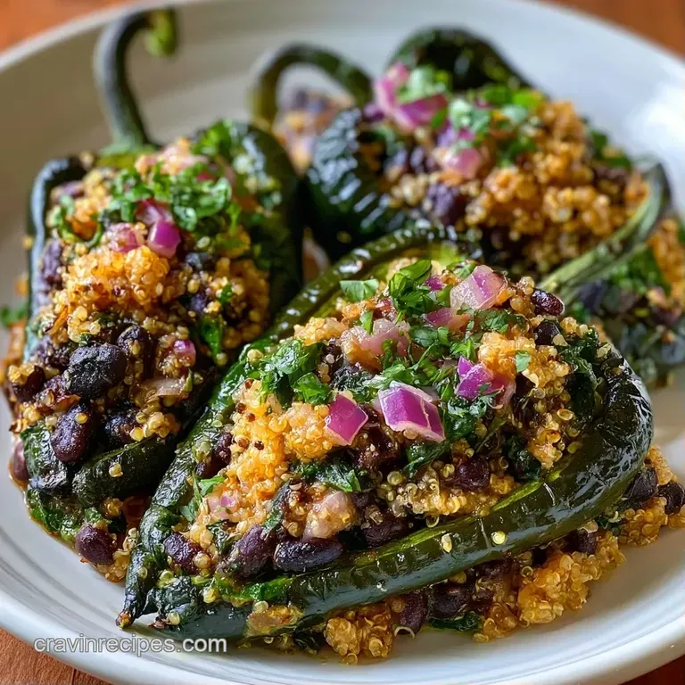 Two charred green peppers filled with hearty grains and black beans, served on a white plate with a side of crema.