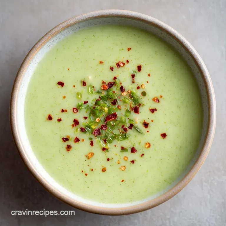 Vibrant green puree served in a ceramic bowl with a drizzle of golden oil and a sprig of fresh parsley on top.