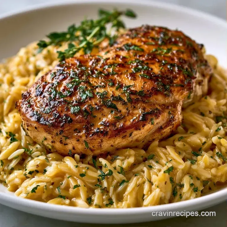 A portion of creamy garlic pasta and seared chicken on a white plate, topped with herbs and cracked black pepper.