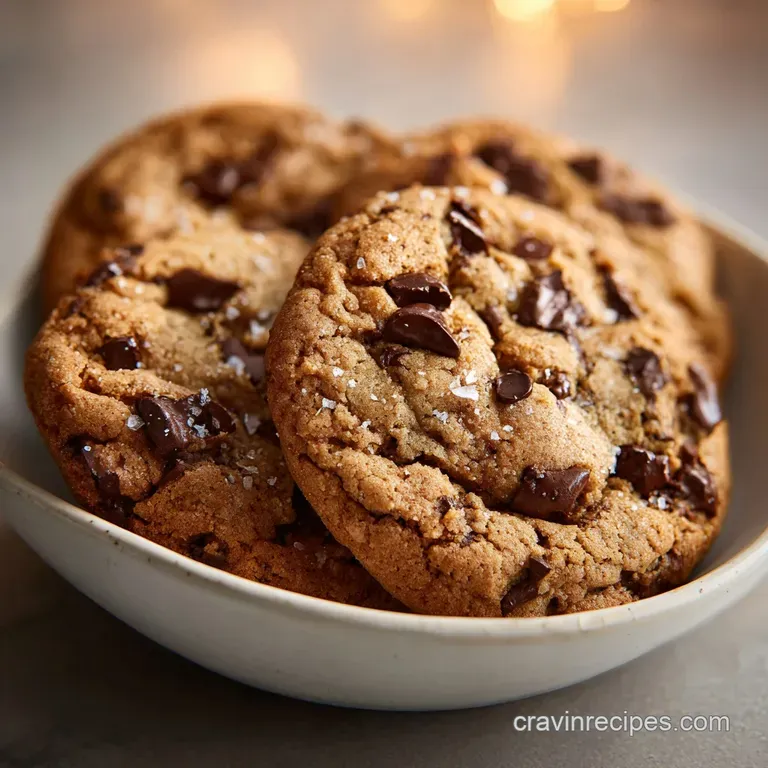 A stack of freshly baked chocolate chip cookies artfully arranged with a dusting of powdered sugar.