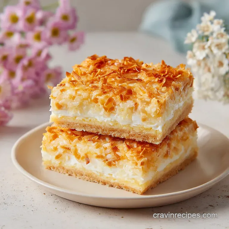 A single square of toasted coconut bar on a white plate, garnished with shredded coconut and a drizzle of syrup.