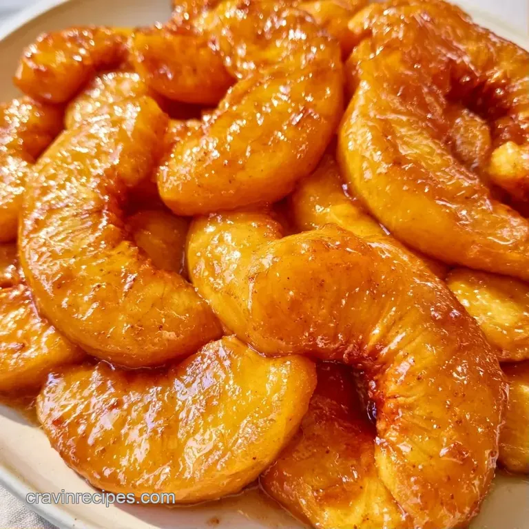 Sun-colored peach chunks in a glossy glaze, served in a white bowl with a sprig of mint and a dusting of cinnamon.