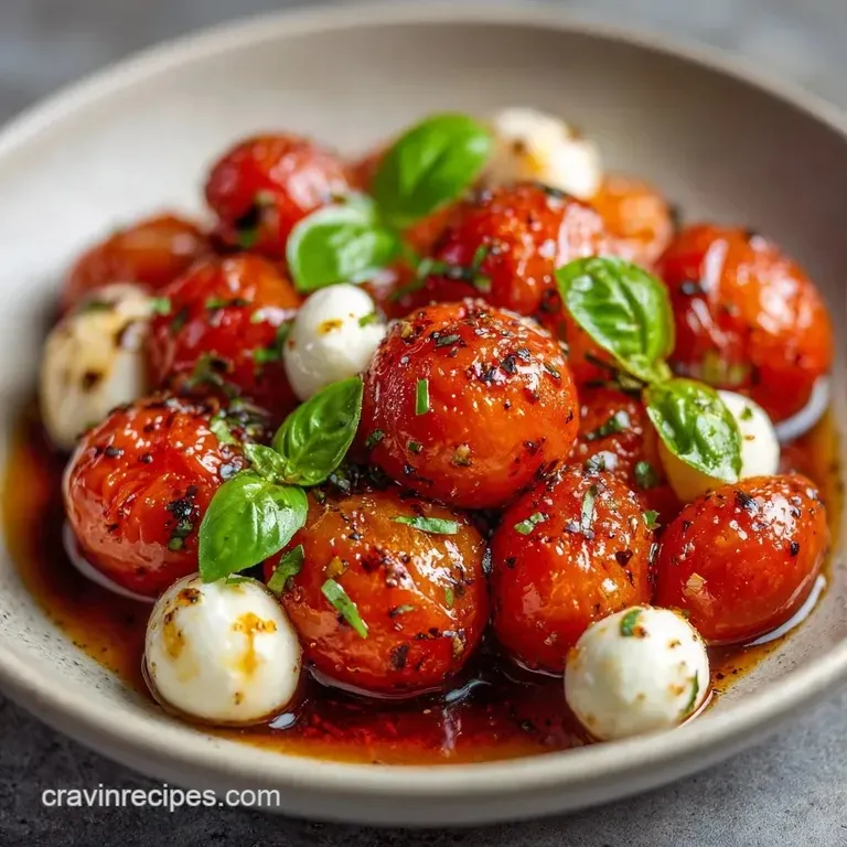 Vibrant red and white skewers arranged in a circle on a slate board, garnished with fresh basil and olive oil.