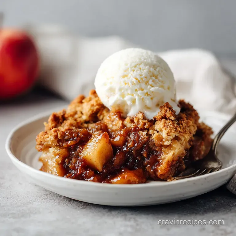 A generous scoop of warm caramel apple cake served with a dollop of melting vanilla ice cream.